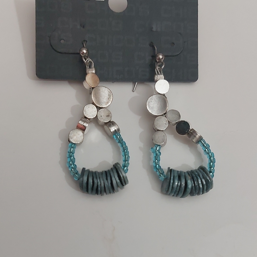 Chico's Rustic Bohemian Mixed Media Silver Tone Teal Statement Dangle Earrings